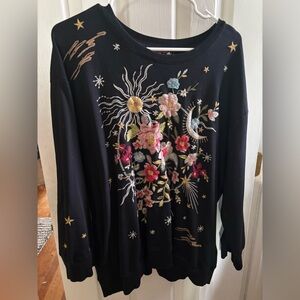 Johnny Was Black Sweatshirt with Colorful Embroidery